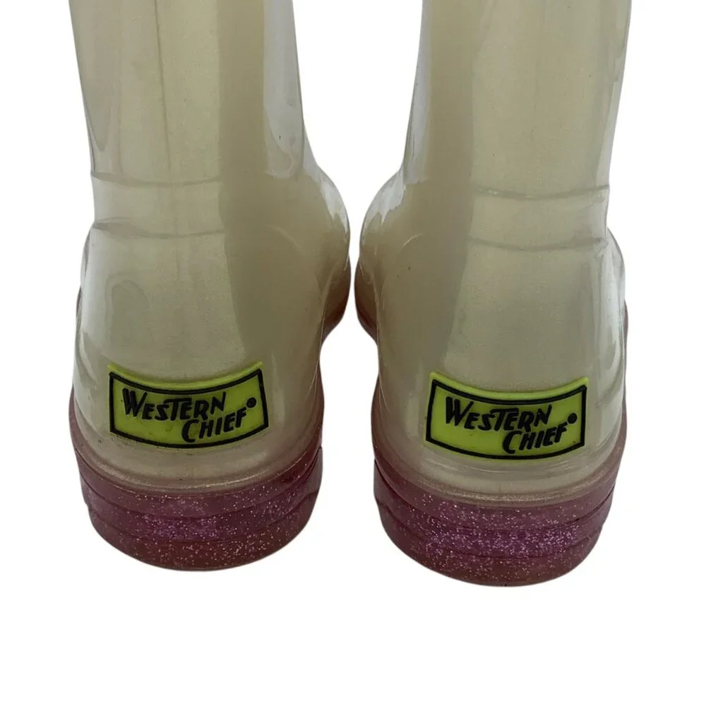 Western Chief Kids Pearlized Glitter Lighted Rain Boots Size 10 Clear PVC Rubber